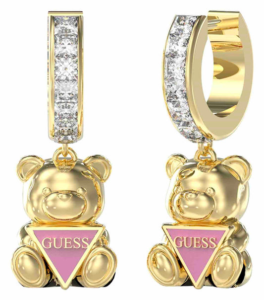 Elegant Guess Jewellery gold earrings, front view, showcasing a sophisticated design with smooth curves and subtle sparkle.
