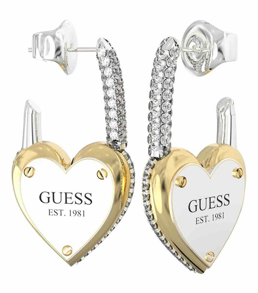 Guess Jewellery earrings in elegant silver and gold hues, showcasing a close-up angle to highlight intricate details.