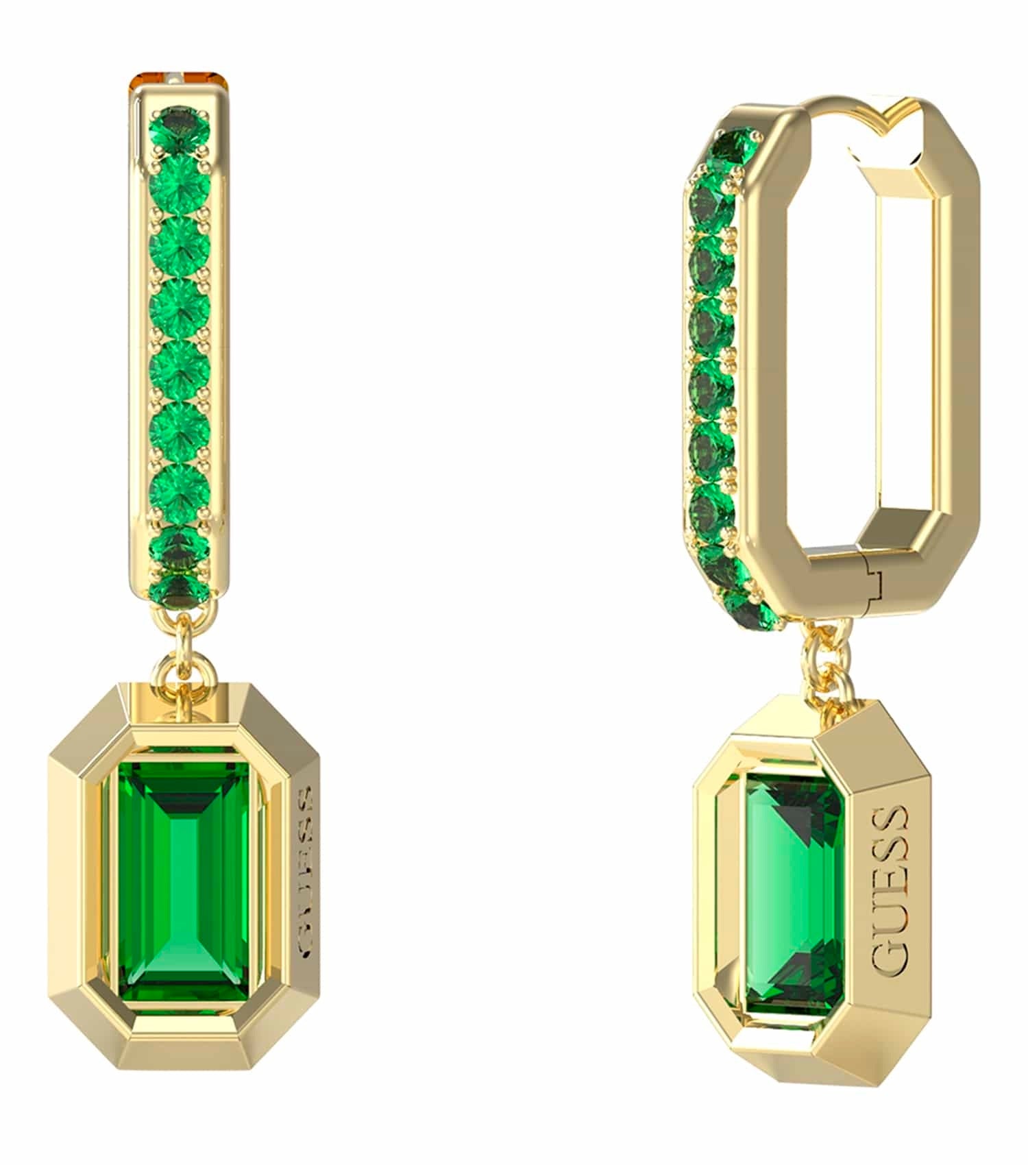 Guess Jewellery red earrings at a 3/4 angle, showcasing intricate design, exuding elegance and sophistication in a vibrant hue.