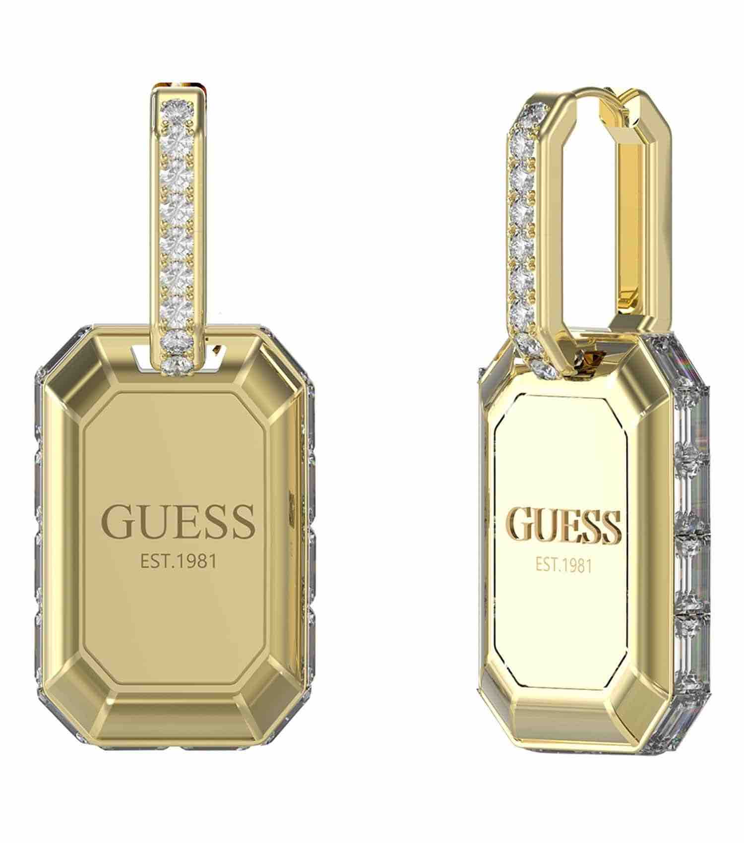 Guess Jewellery gold earrings, front angle view, showcasing sleek curves and glossy finish; embody elegance and sophistication.