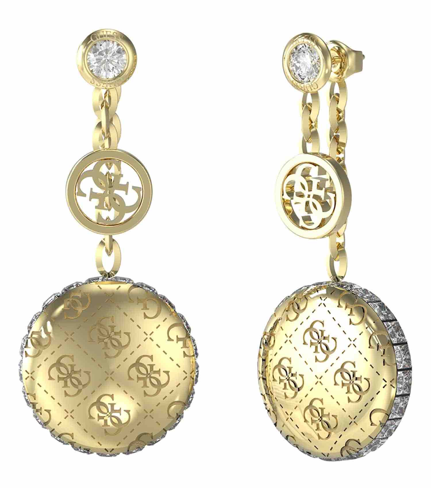 GUESS Jewellery gold color earrings, side angle view; showcases elegant, circular design highlighting brand's iconic style