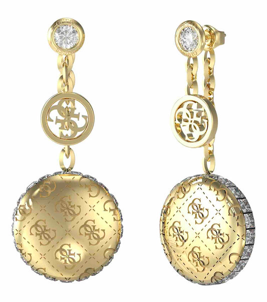 GUESS Jewellery gold color earrings, side angle view; showcases elegant, circular design highlighting brand's iconic style
