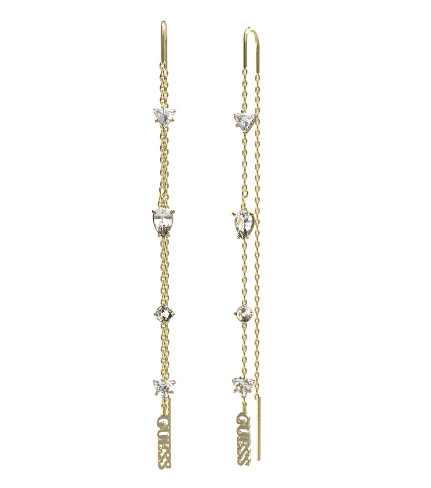 Gold-colored Guess Jewellery earrings with intricate detailing, captured from a side angle, showcasing elegant shine and design.