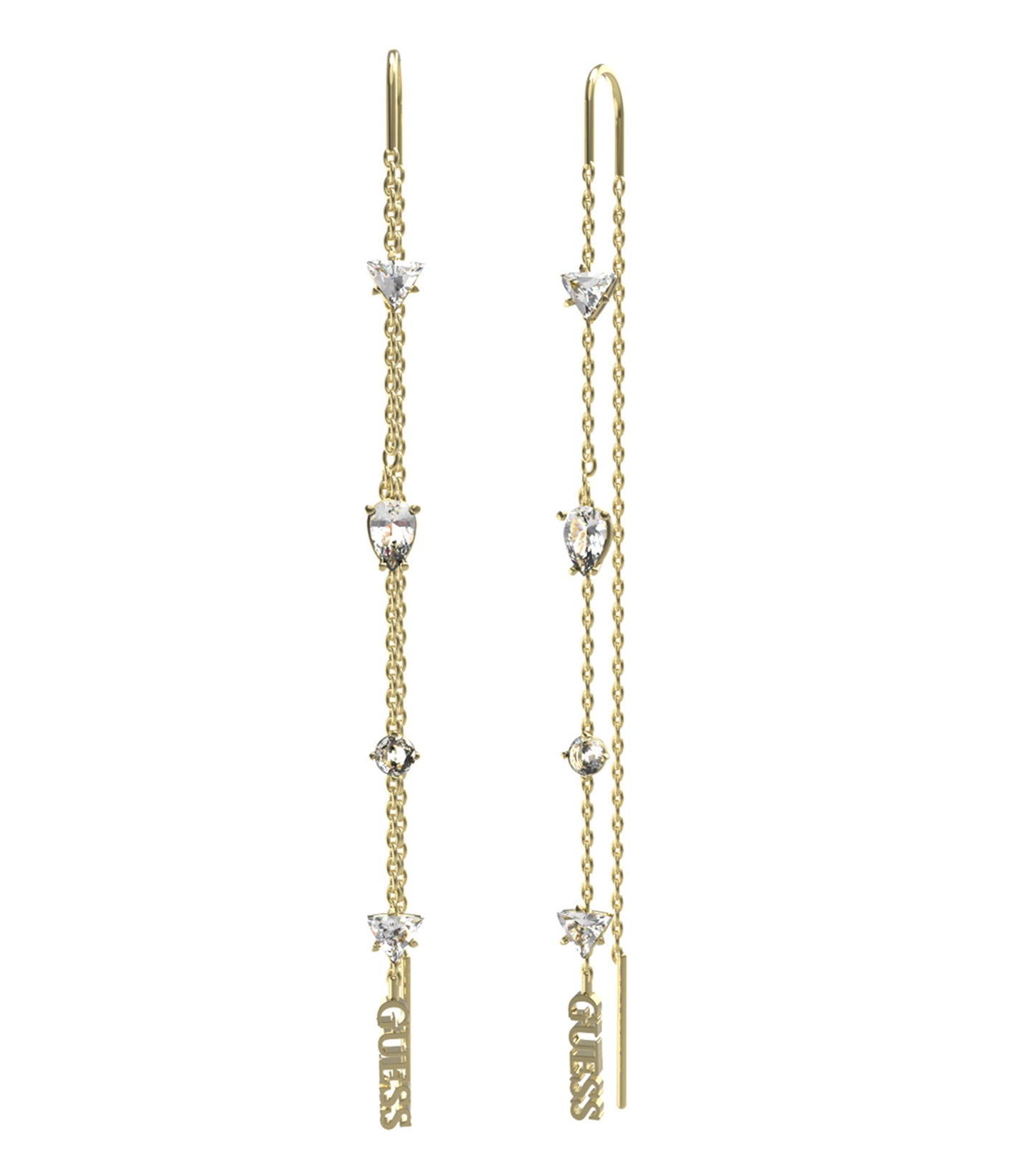 Gold-colored Guess Jewellery earrings with intricate detailing, captured from a side angle, showcasing elegant shine and design.