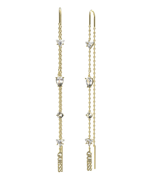Gold-colored Guess Jewellery earrings with intricate detailing, captured from a side angle, showcasing elegant shine and design.