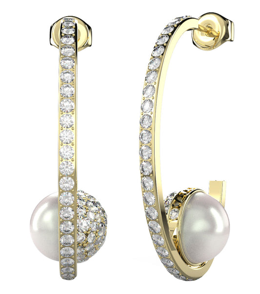 Gold Guess Jewellery earrings with a textured teardrop design, captured from front angle, showcasing elegance and style.
