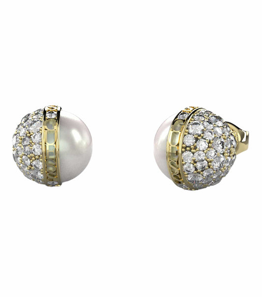 Elegant Guess Jewellery gold earrings captured from a slightly angled side view, showcasing shiny finish and intricate design details.