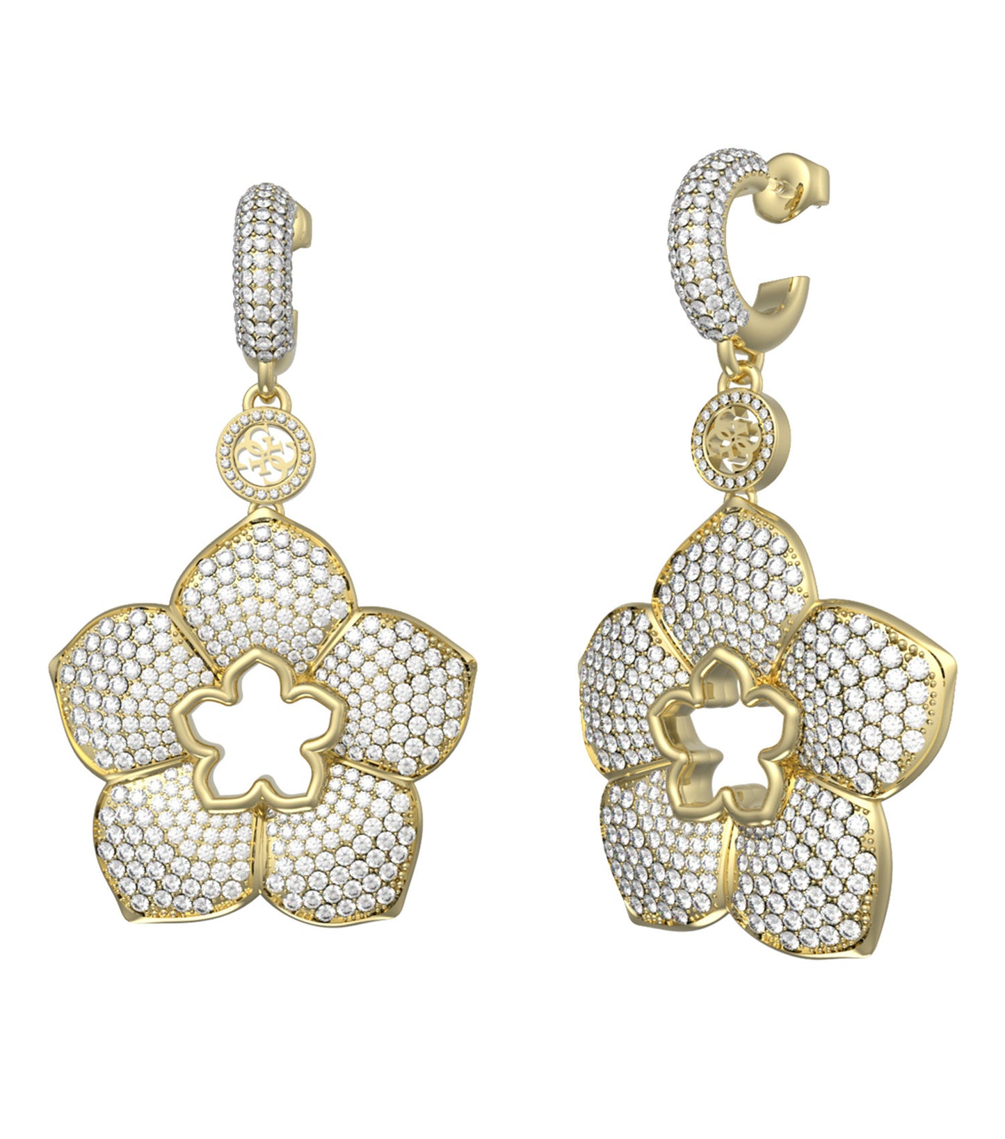 Guess Jewellery gold earrings showcasing a sleek design at a front-facing angle, captivating elegance and style in one shot.