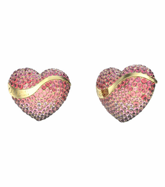 Guess Jewellery gold earrings, featuring a sleek U-shaped design, angled front view, showcasing elegant, polished finish.