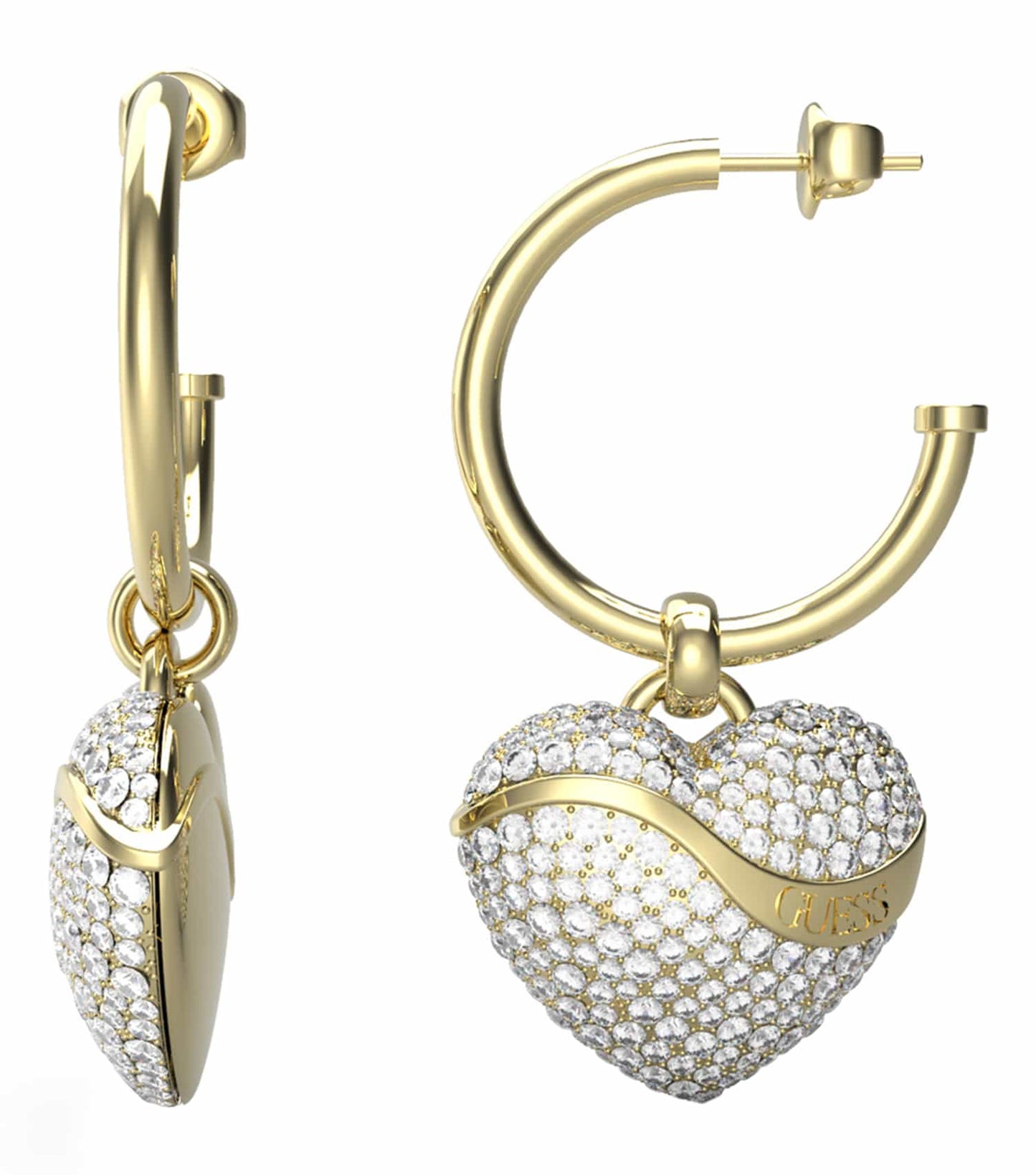 Gold Guess Jewellery earrings glistening in a side angle view, showcasing intricate design and elegance, perfect for style enthusiasts.