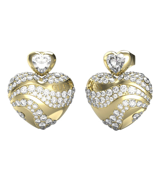 Guess Jewellery gold earrings with interlocking circle design, front-facing angle showcasing intricate craftsmanship.