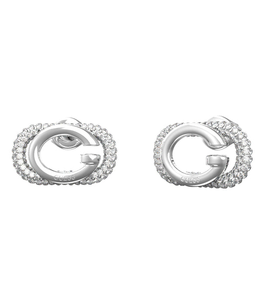 Guess Jewellery silver earrings, elegant drop design, angled view highlighting intricate details, showcasing timeless sophistication.