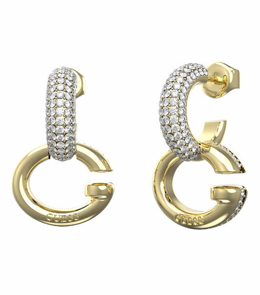 Gold-colored Guess Jewellery earrings, showcasing teardrop design at a slightly tilted angle, highlighting their elegant simplicity.