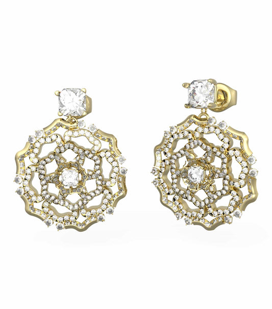 Elegant Guess Jewellery gold earrings, close-up angle showcasing intricate details and shimmering luxe finish.
