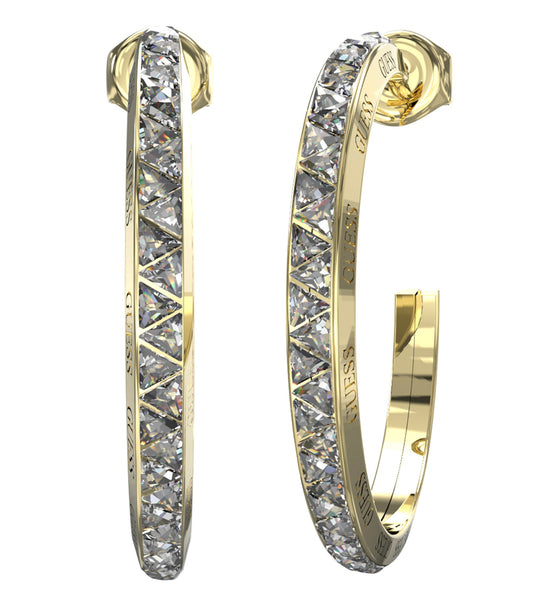 Guess Jewellery gold earrings with a luxurious twisted hoop design, front-facing angle; elegant and modern accessory.