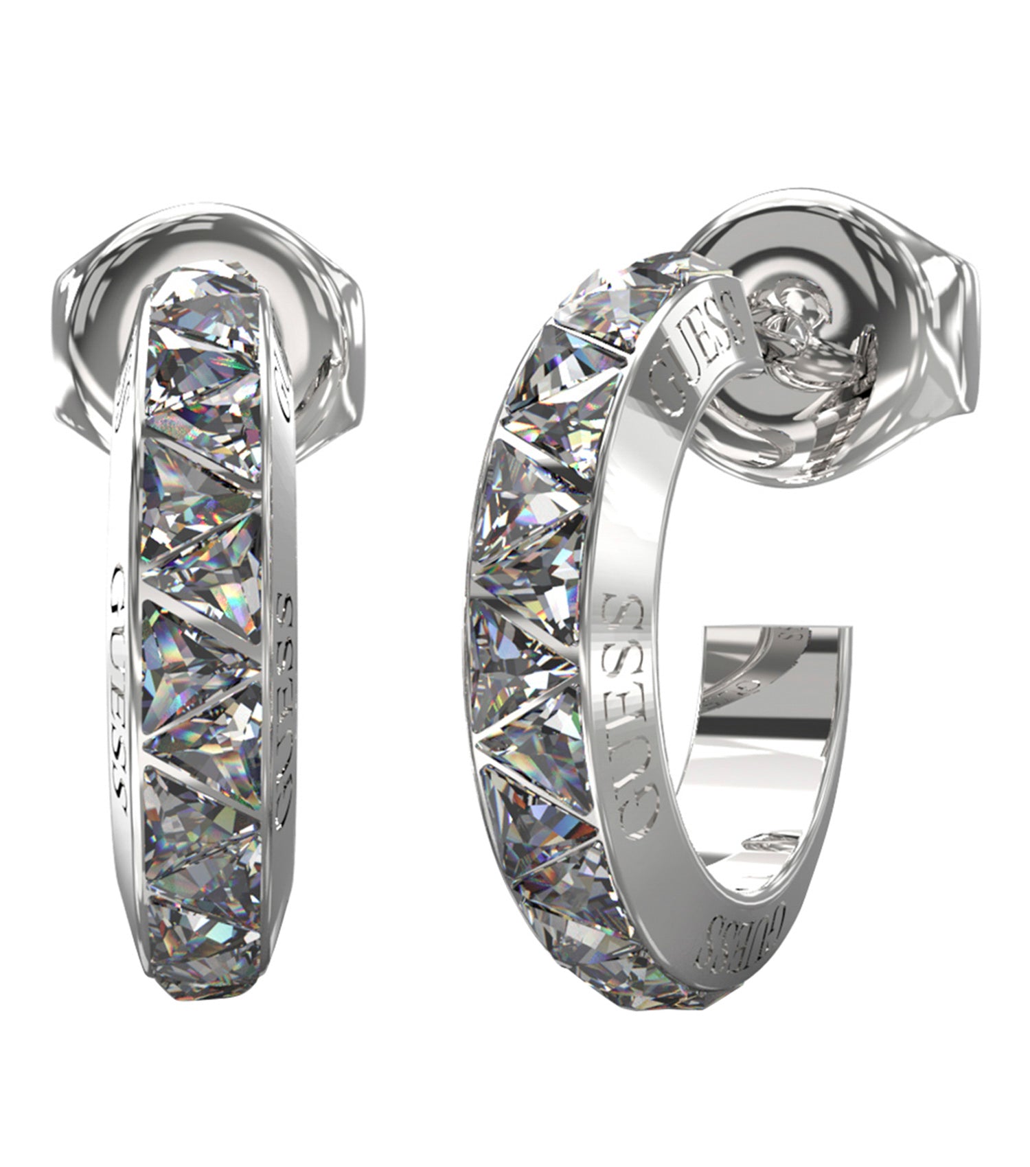 Guess Jewellery silver earrings, close-up view showing intricate design and shiny finish against a white background.