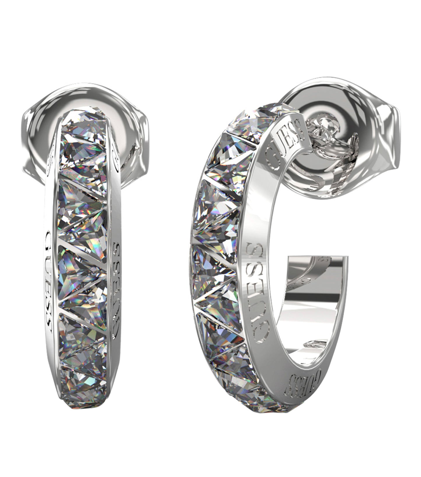 Guess Jewellery silver earrings, close-up view showing intricate design and shiny finish against a white background.