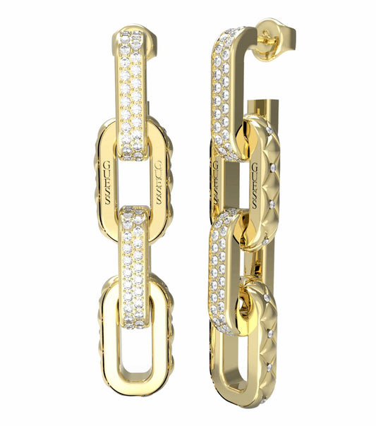Guess Jewellery gold earrings, front angle, showcasing intricate design details and a luxurious finish, ideal for elegant styling.