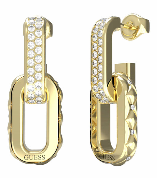 GuESS JEWELLERY Gold Earrings, elegant round shape, showcases from a front-left angle, shimmering luxurious gold allure.