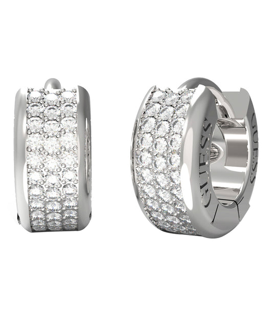 Elegant Guess Jewellery silver earrings featuring a chic, polished finish, sleek circular design, viewed from a front angle.