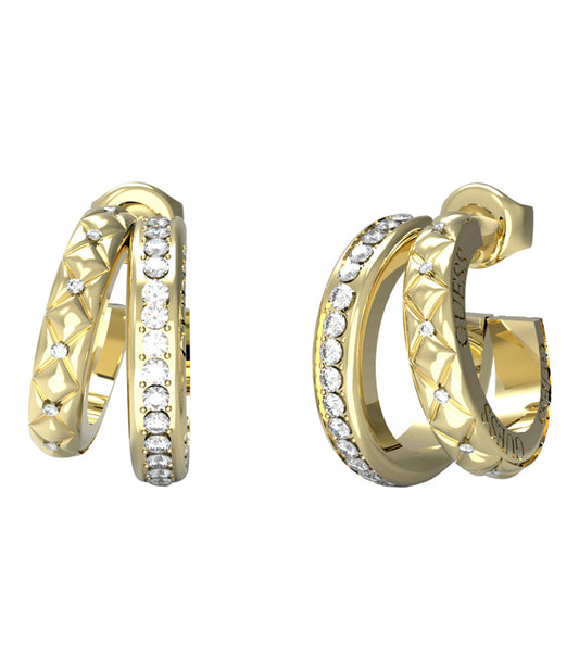 Guess Jewellery gold earrings with an elegant teardrop design, front angle view, sparkling accents and timeless allure.