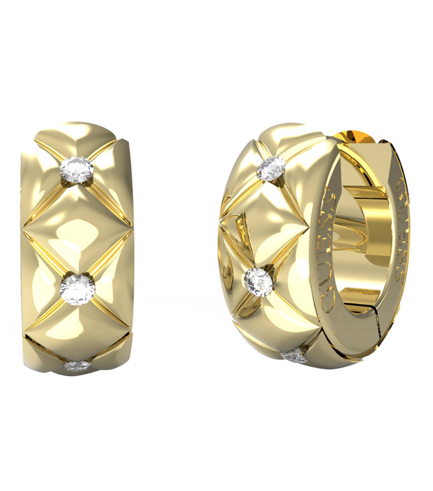 Elegant Guess Jewellery gold earrings with a sleek, front-facing angle, showcasing intricate detailing and luxurious shine.