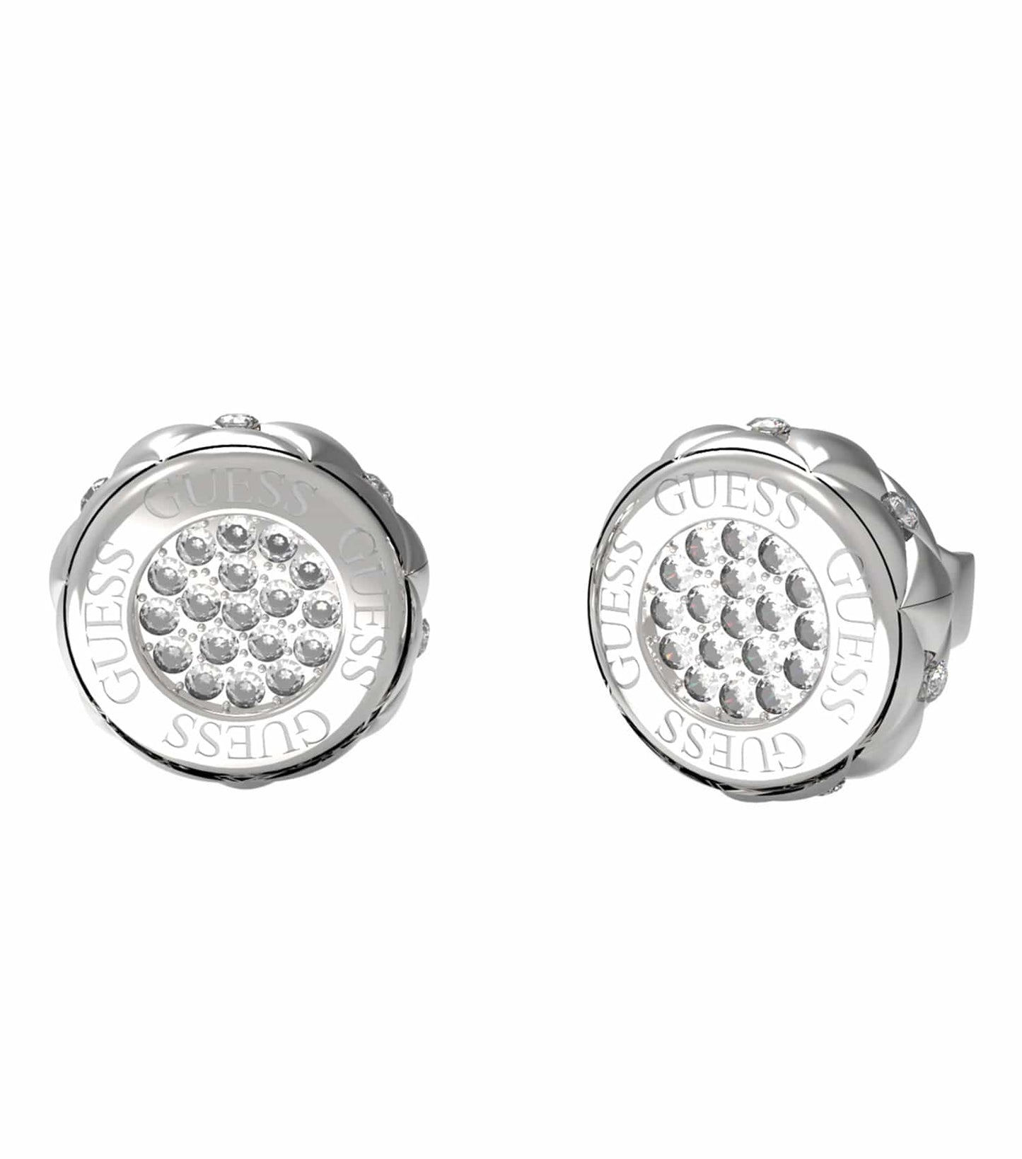 Silver Guess Jewellery earrings, front angle view, showcasing sleek modern design and shiny finish, ideal for fashion-forward looks