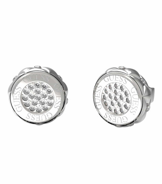 Silver Guess Jewellery earrings, front angle view, showcasing sleek modern design and shiny finish, ideal for fashion-forward looks