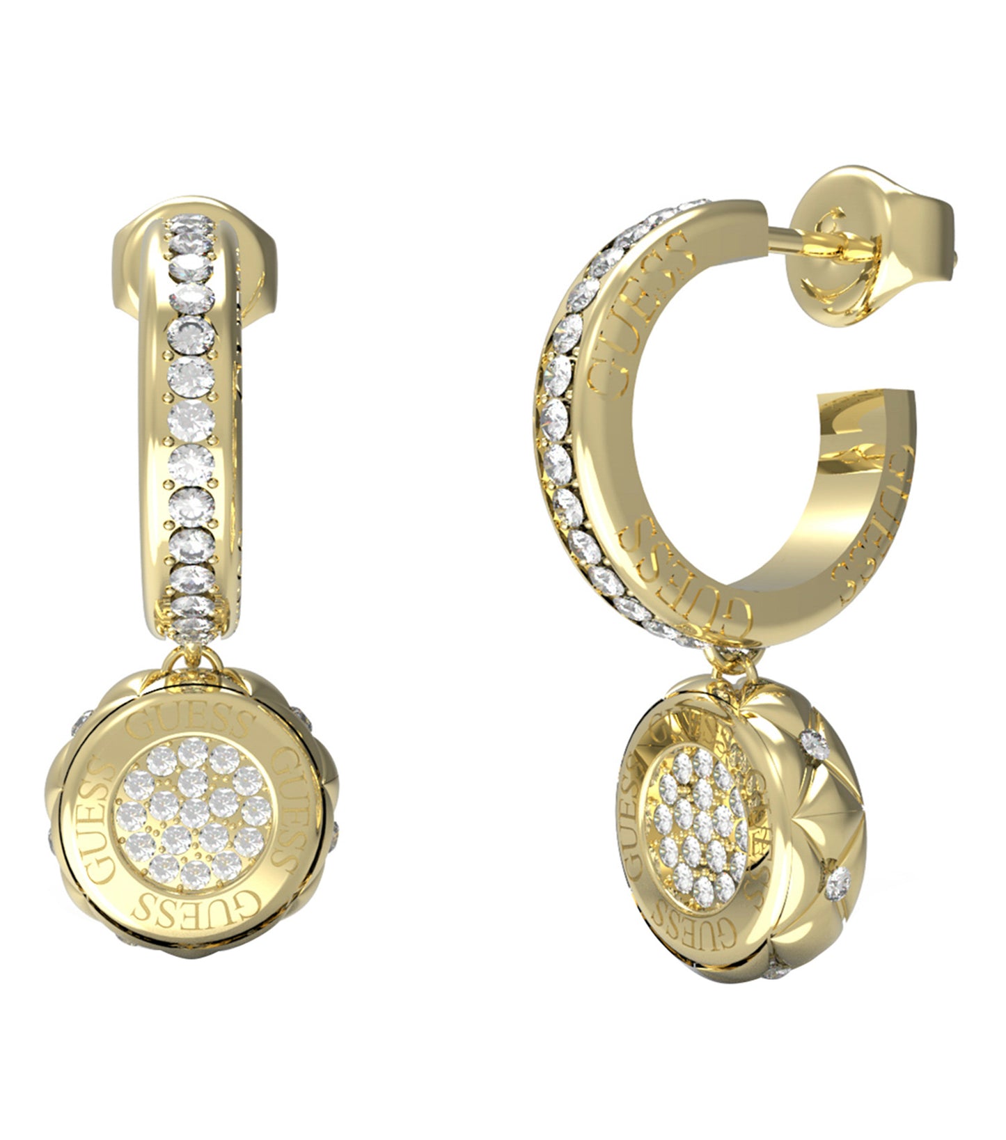 Guess Jewellery gold earrings showcasing a sleek design, one-size fit, and elegant sparkle, captured in a front-facing angle.