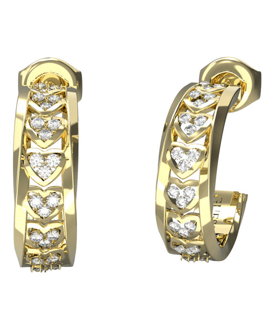 Gold-colored Guess Jewellery earrings showcasing a chic design, highlighting their elegant curves at an angled perspective.