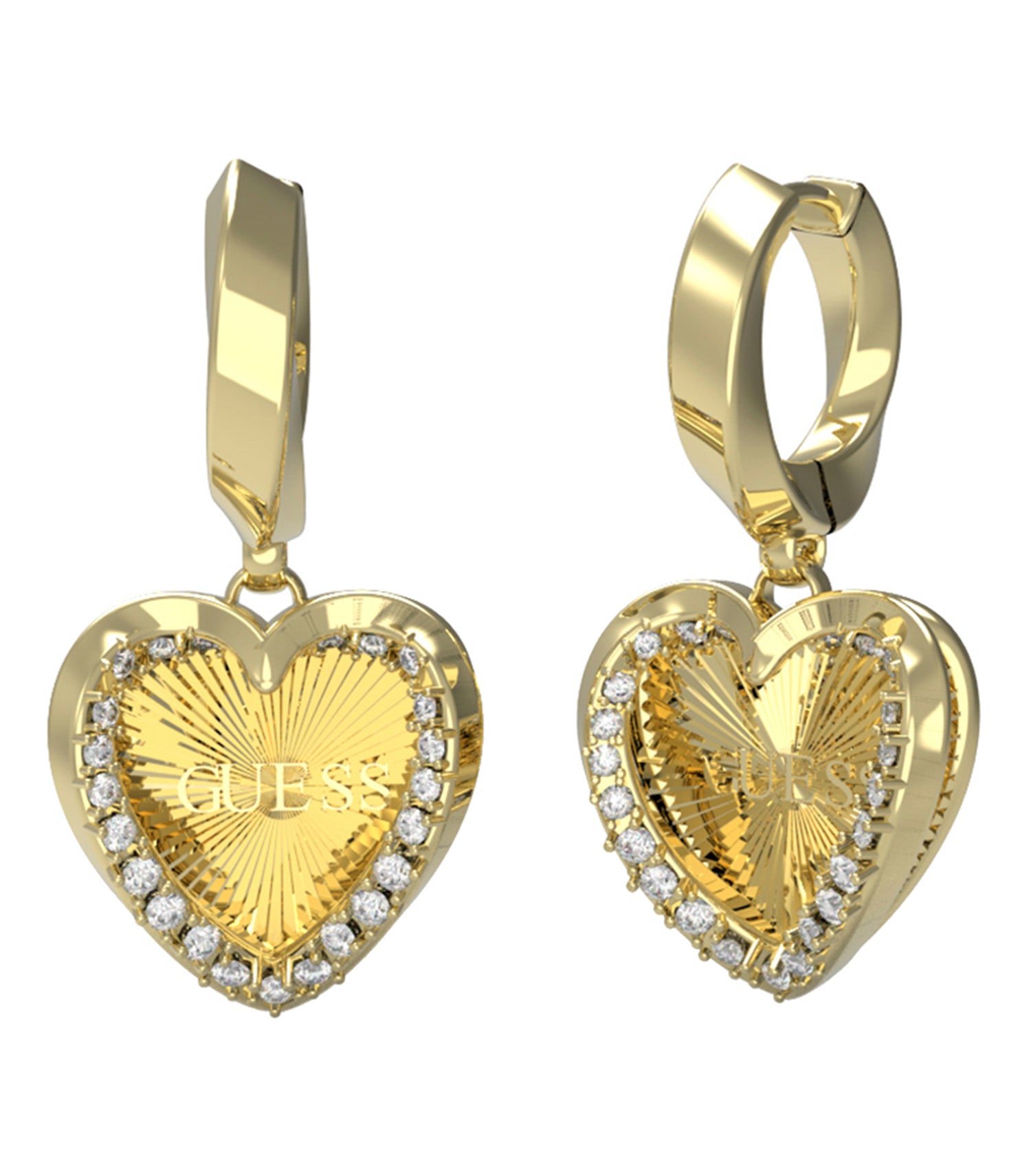 Gold-colored Guess Jewellery earrings lie elegantly against a white backdrop; front-facing angle highlights their luxurious simplicity.