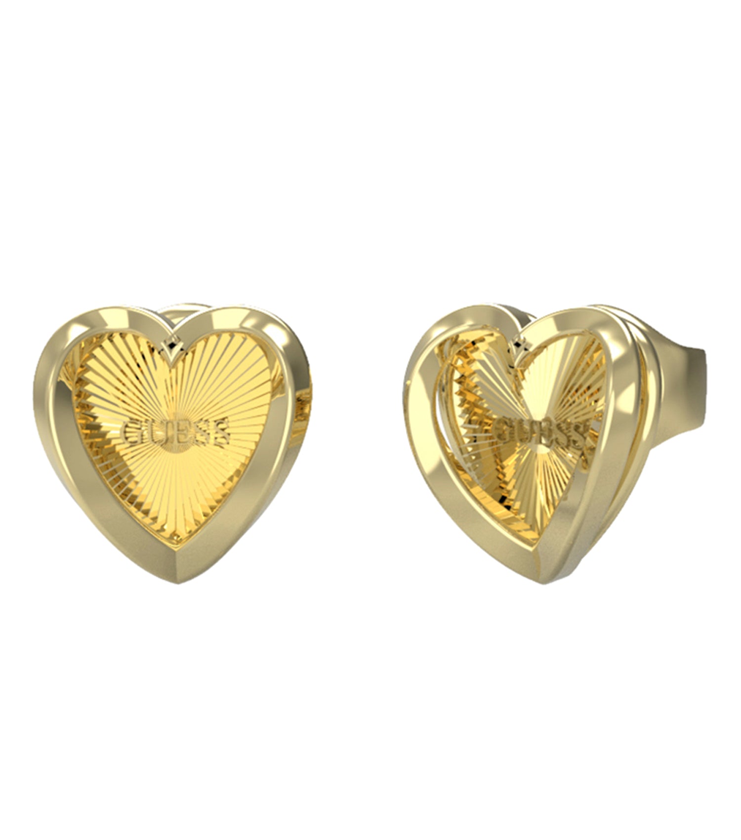 Guess Jewellery gold earrings glimmer from an angle showcasing their exquisite design, perfect for elegance and style.