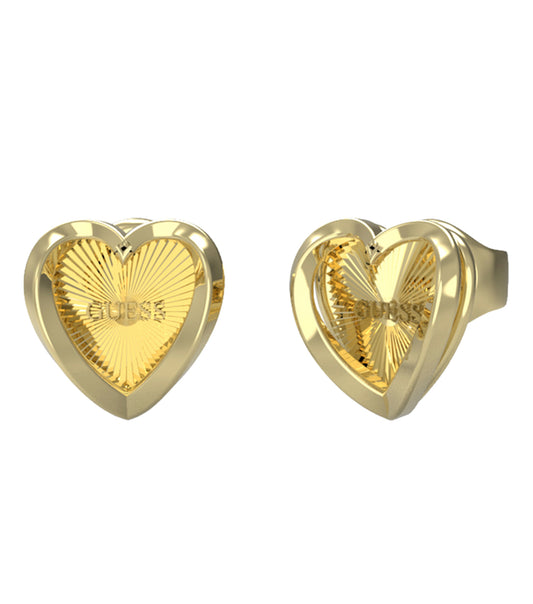 Guess Jewellery gold earrings glimmer from an angle showcasing their exquisite design, perfect for elegance and style.