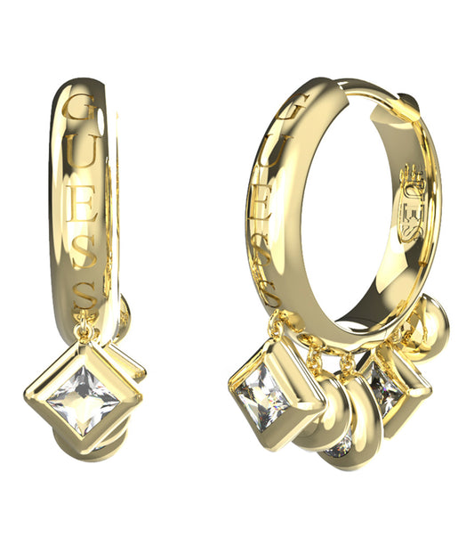 Golden Guess Jewellery earrings with an elegant hoop design at a side angle, highlighting the luxurious gold finish.