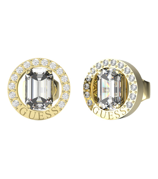 Gold colored Guess Jewellery earrings in close-up side angle, featuring intricate design showcasing elegance and style.