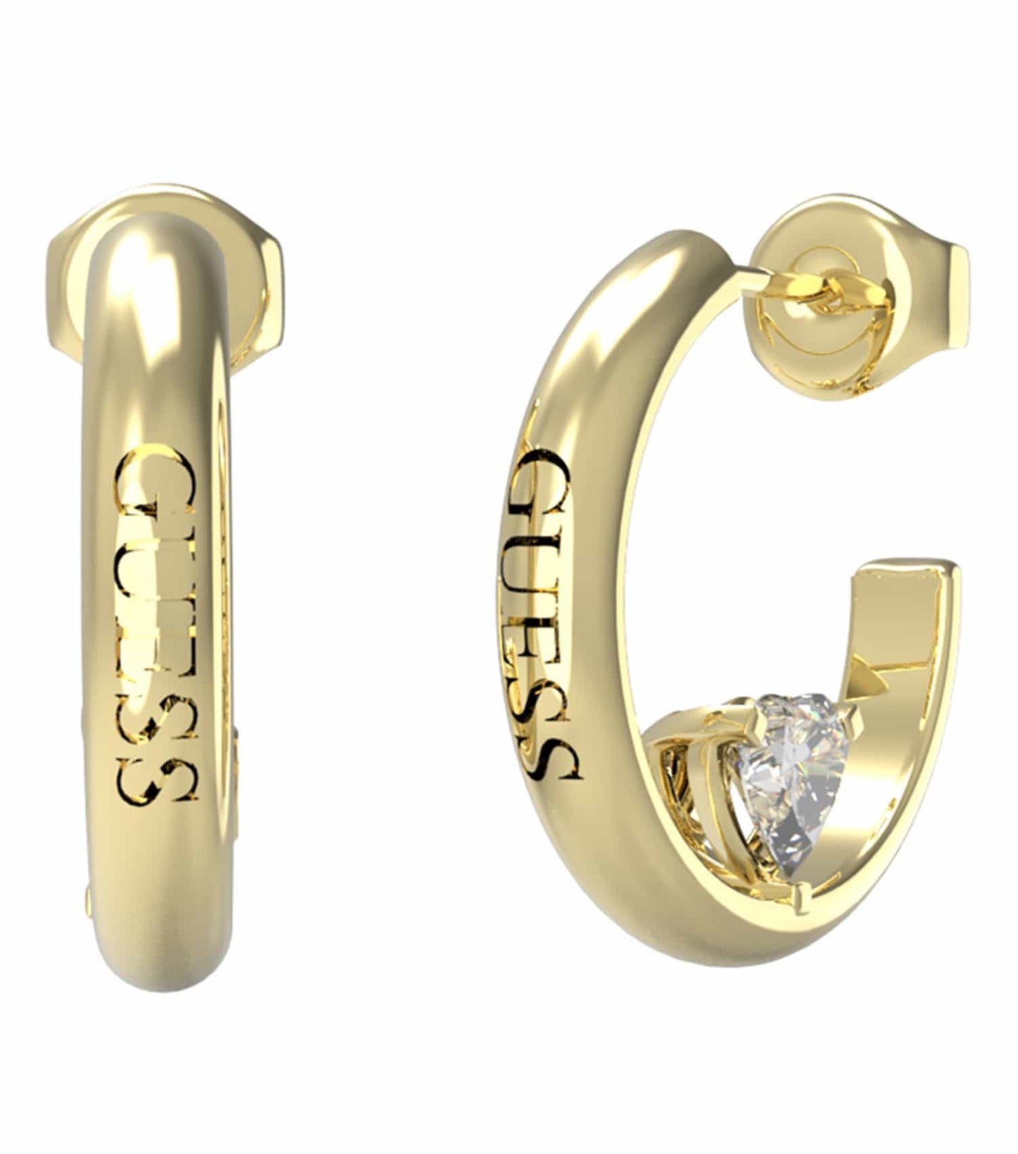 Guess Jewellery gold earrings, side angle view, showcasing elegant rounded design and shimmering gold finish, perfect for timeless style.