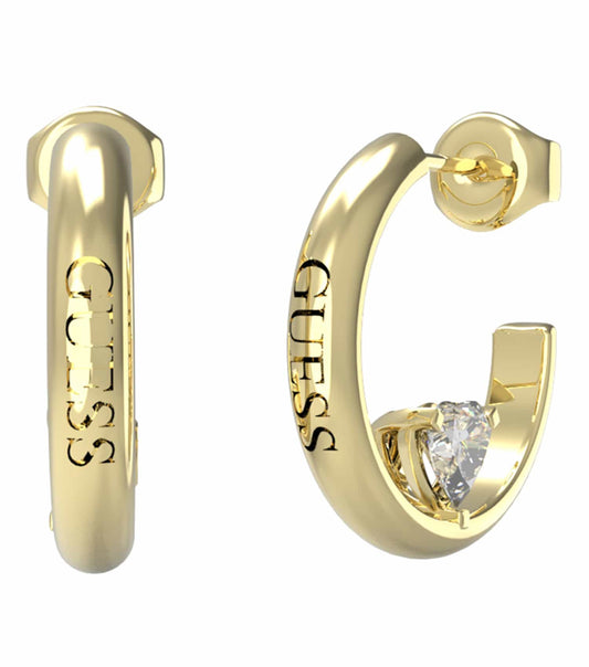 Guess Jewellery gold earrings, side angle view, showcasing elegant rounded design and shimmering gold finish, perfect for timeless style.