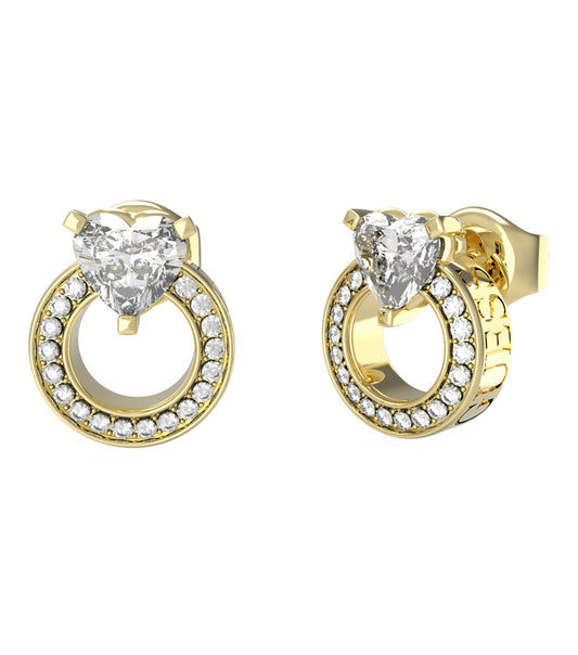 Gold-colored Guess Jewellery earrings displayed at a slight angle, showcasing elegant details and a sophisticated shine.