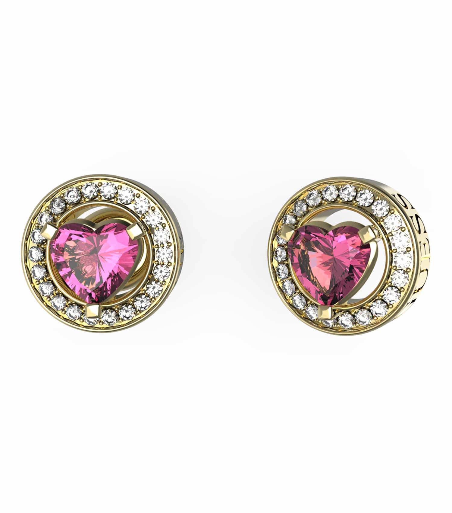 Guess Jewellery gold and silver earrings beautifully showcased from a 3/4 angle on textured black background, radiating elegance.