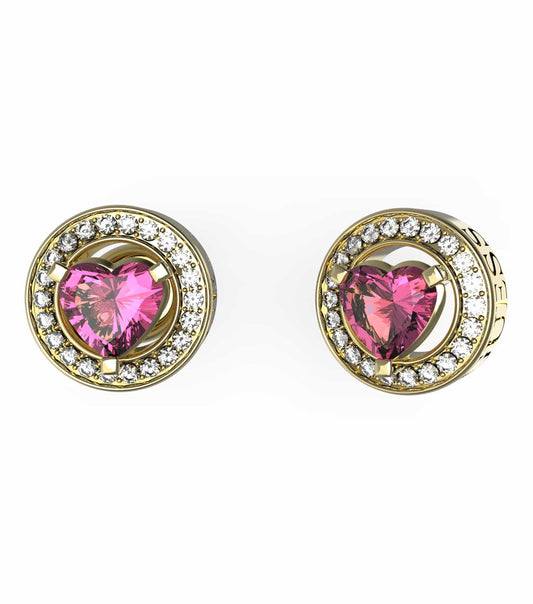 Guess Jewellery gold and silver earrings beautifully showcased from a 3/4 angle on textured black background, radiating elegance.