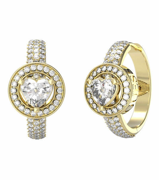 Guess Jewellery gold earrings with iconic logo design showcased stylishly from a side angle, gleaming with elegance.