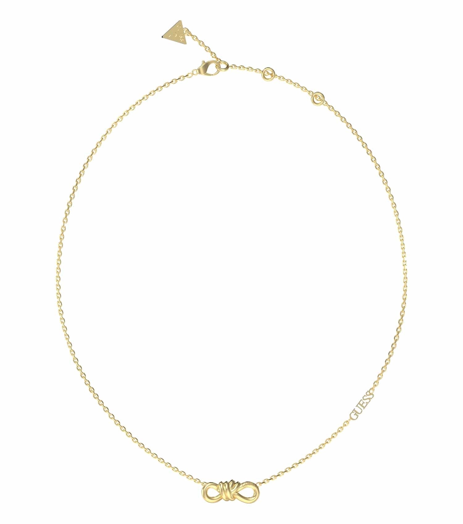 Gold Guess Jewellery necklace with an elegant oval pendant, featured at a slight angle, showcasing intricate design details.