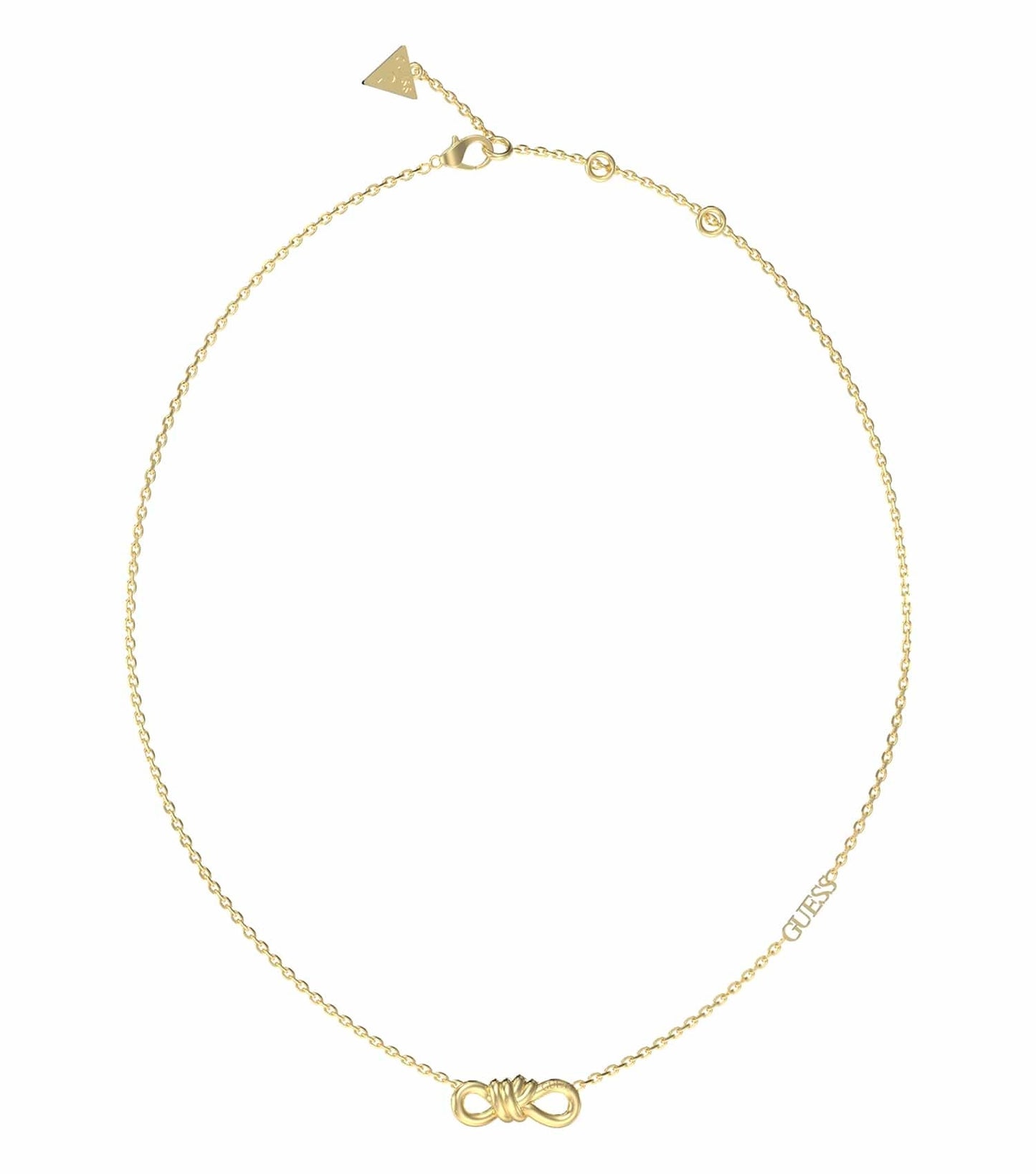 Gold Guess Jewellery necklace with an elegant oval pendant, featured at a slight angle, showcasing intricate design details.