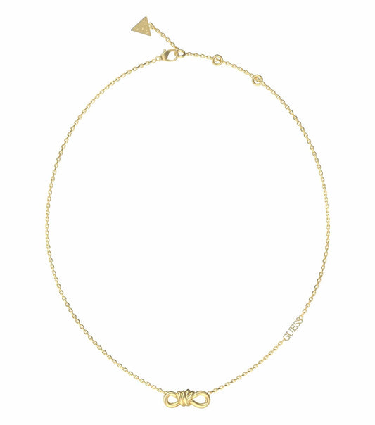 Gold Guess Jewellery necklace with an elegant oval pendant, featured at a slight angle, showcasing intricate design details.
