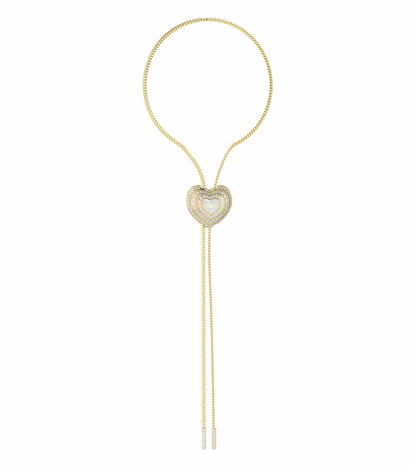 Gold-colored Guess Jewellery necklace displayed from above, revealing elegant chain design capturing the essence of timeless style.