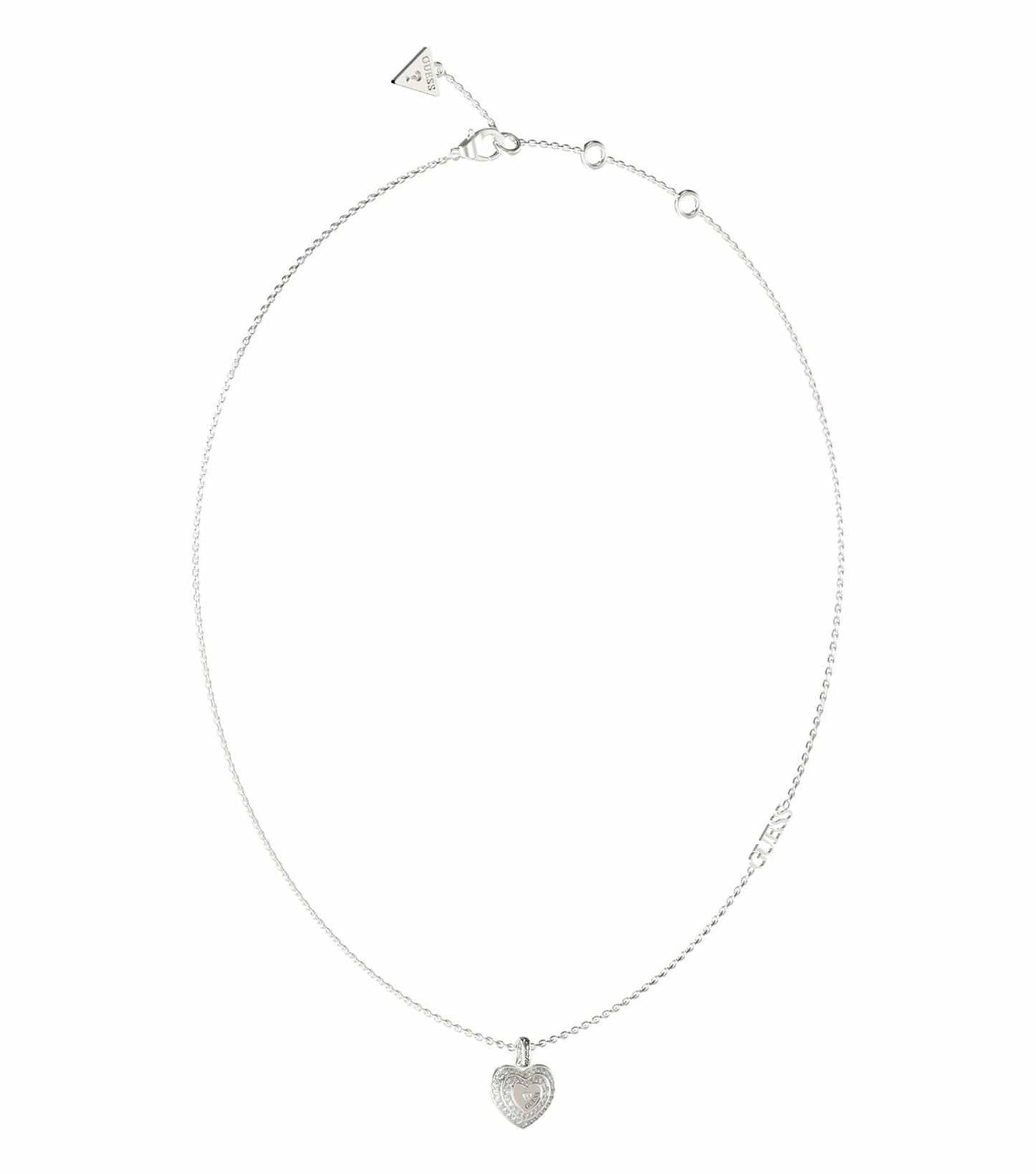 Elegant silver Guess Jewellery necklace with a heart pendant, professionally photographed from a front angle on a clean background.
