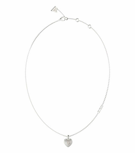 Elegant silver Guess Jewellery necklace with a heart pendant, professionally photographed from a front angle on a clean background.