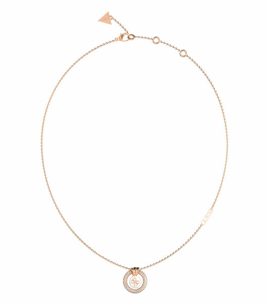 Rose Gold Guess Jewellery Necklace shown at a creative angle; showcasing its intricate design and elegant finish.