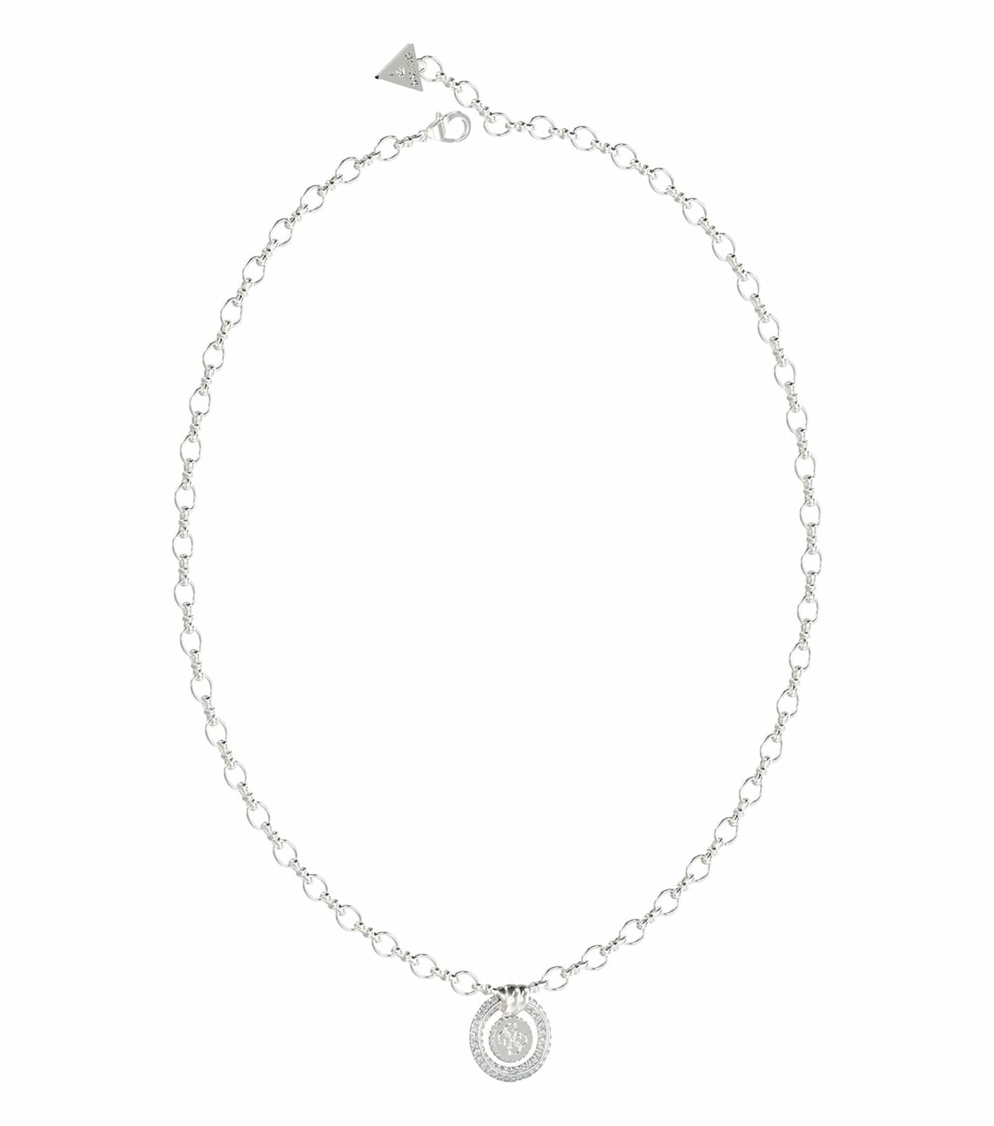 Sleek Guess Jewellery silver necklace showcased in a frontal view, highlighting its elegant design and lustrous finish.