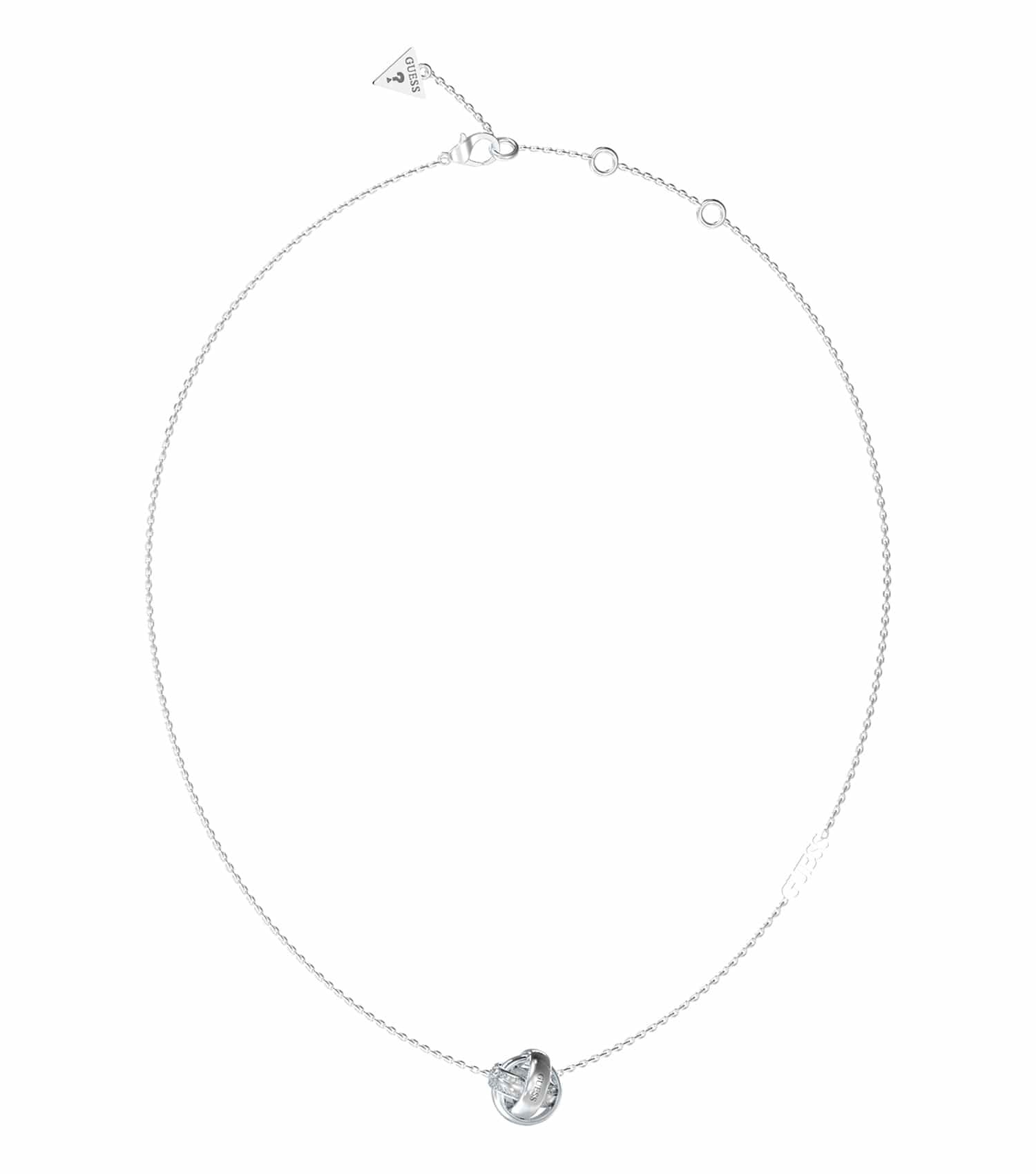 Silver GUESS Jewellery necklace with a bold circular pendant, angled frontal view, showcasing its sleek and modern design.